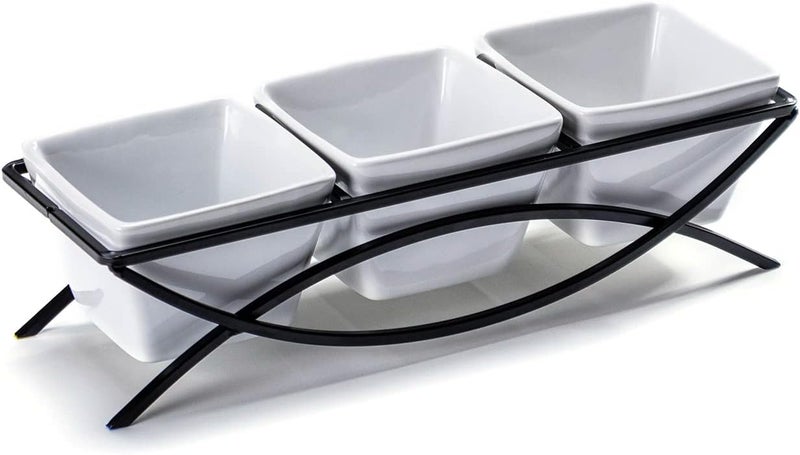 UNICASA Square Ramekin Bowls 10 oz, Condiment Serving Tray with Metal Rack Stand - Chips and Dips Snack Tray for Party - White Side Dish for Appetizer, Fruit, Nuts, Ice Cream, Candy - Image 1